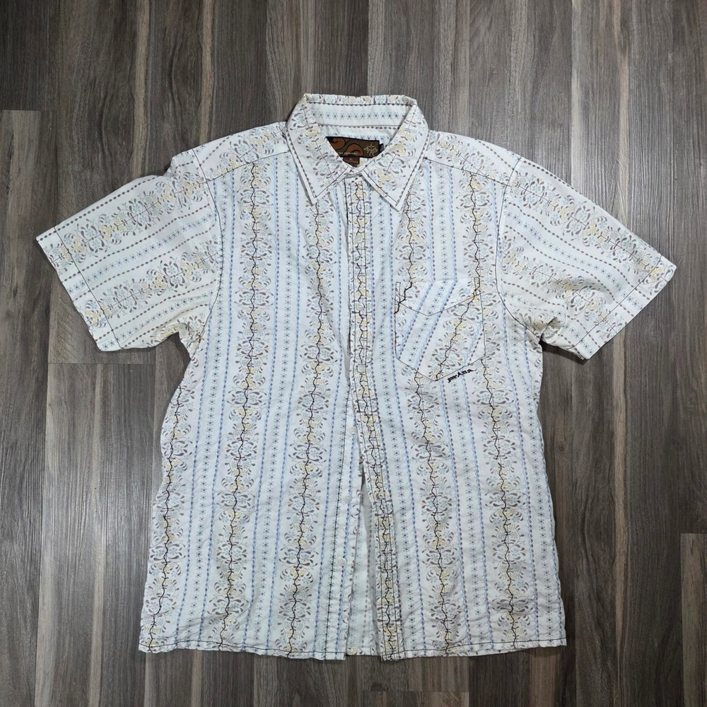 Prana‎ Mens XL Slim Fit Short Sleeve Button Down Shirt Floral Striped Cream